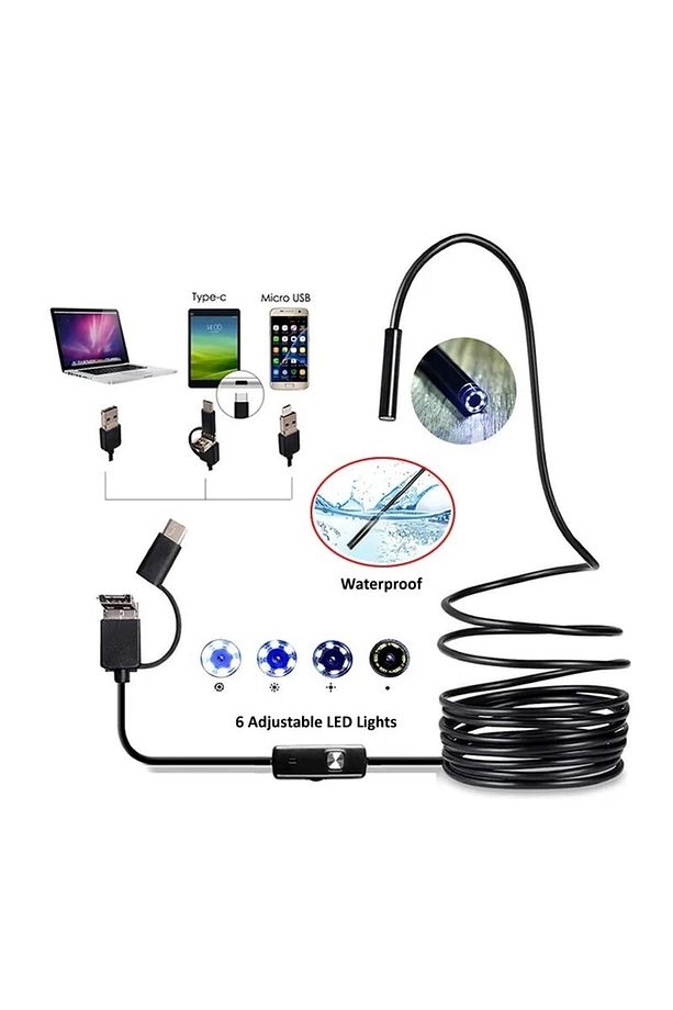 3'ü 1 Arada Endeskop Kamera Mikrofon Usb Ve Tip-c 6 Led Su Geçirmez 10 Metre Borescope Yılan Kamera - 7