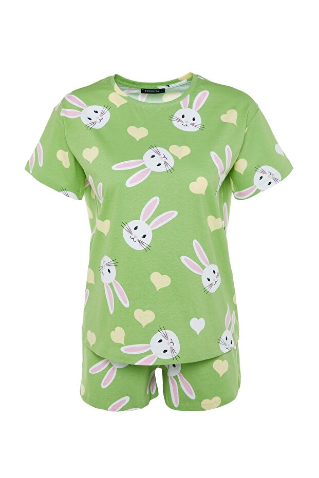 Yeşil %100 Pamuklu Kalpli Tavşan Desenli Şortlu Örme Pijama Takımı THMSS23PT00005 - 7