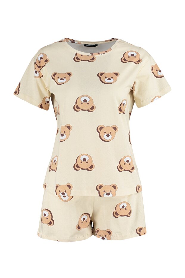 Ekru %100 Pamuklu Ayıcıklı Şortlu Örme Pijama Takımı THMSS23PT00005 - 6