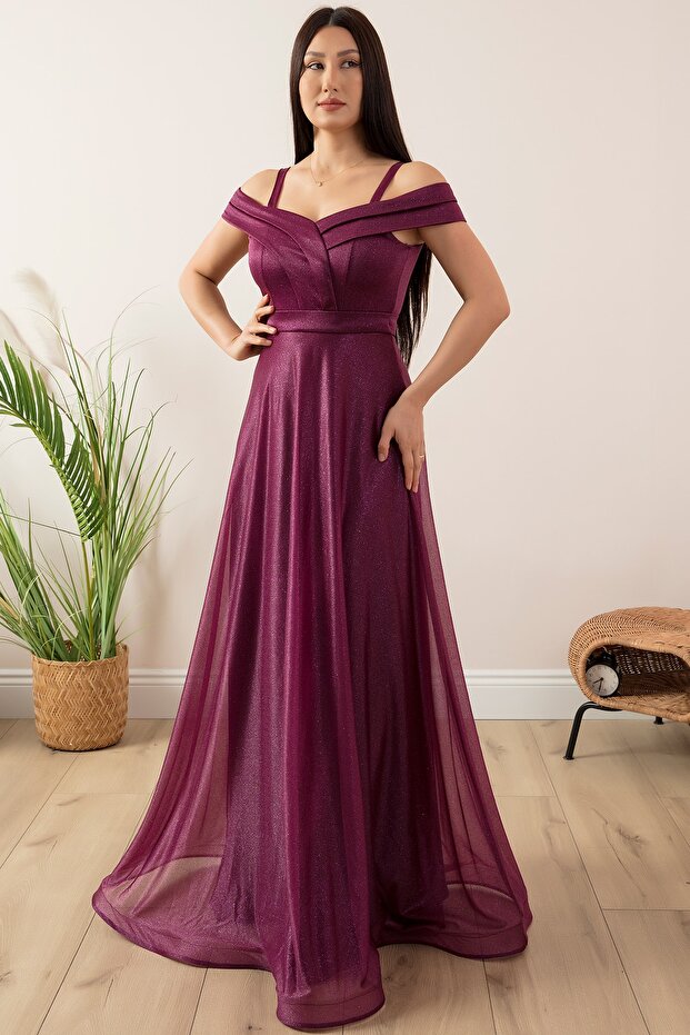 Askılı Simli Tül Uzun Abiye Elbise 13278 - 4