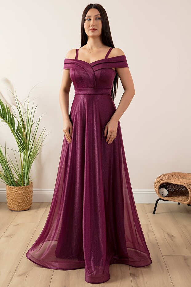 Askılı Simli Tül Uzun Abiye Elbise 13278 - 5