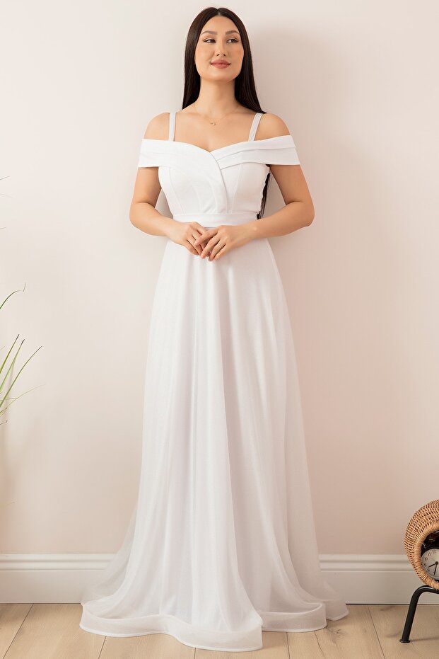 Askılı Simli Tül Uzun Abiye Elbise 13278 - 1