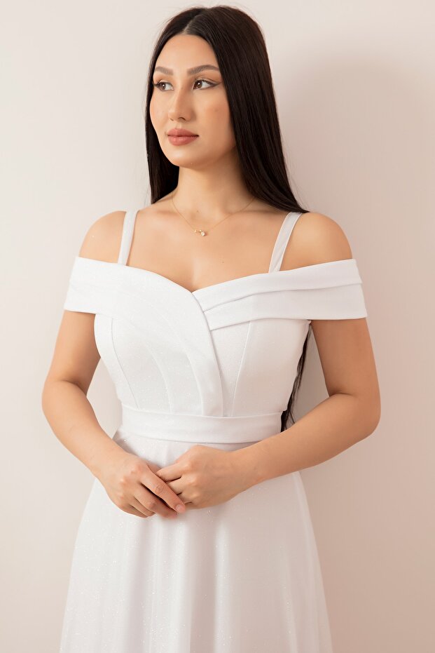 Askılı Simli Tül Uzun Abiye Elbise 13278 - 3