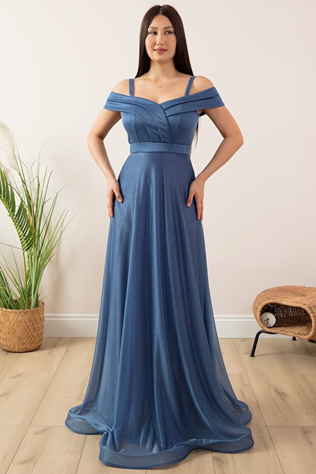 Askılı Simli Tül Uzun Abiye Elbise 13278 - 6