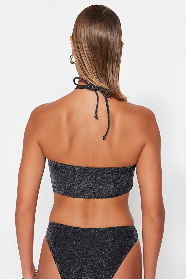 Siyah Straplez Simli Bikini Üstü TBESS23BU00302 - 6