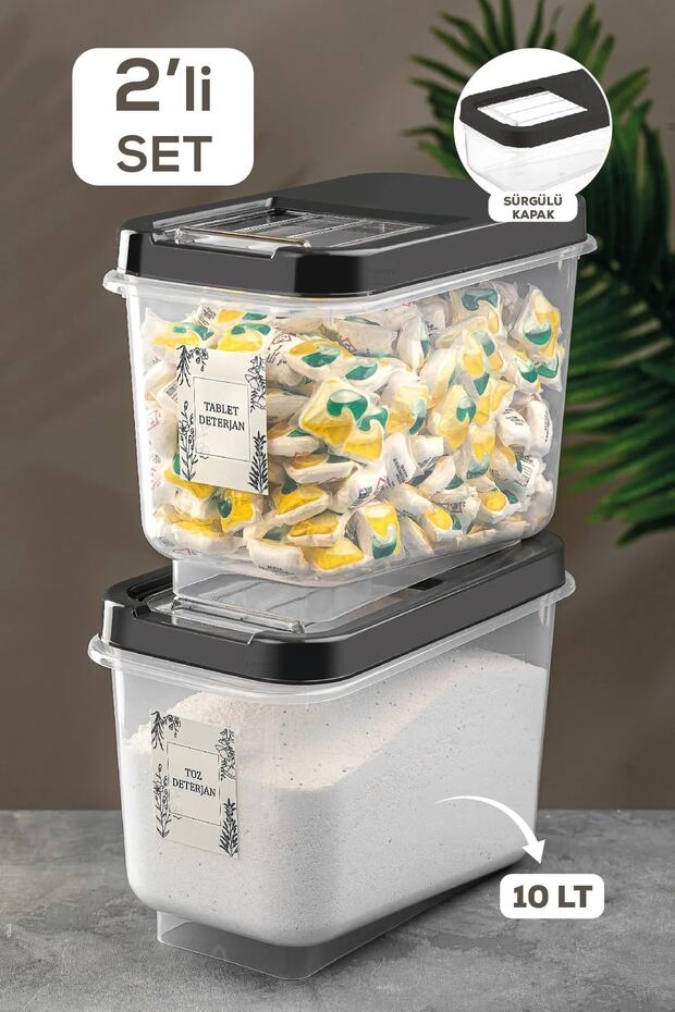 2Pcs 10 Lt Sliding Lid Tablet Detergent Storage Box - Detergent Storage Container with Label Anthracite - 1