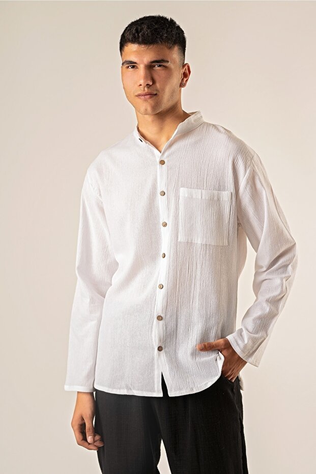 Organic Cotton Long Sleeve Men's High Collar Shirt with Pockets - White