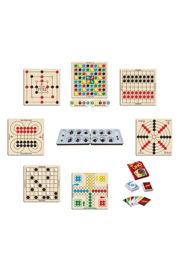 Ahşap Oyun Seti 9lu Bihar+ Surakarta+mangala+9 Taş+dama + Atla Topla + Kızma Birader + Reversi + Uno - 1