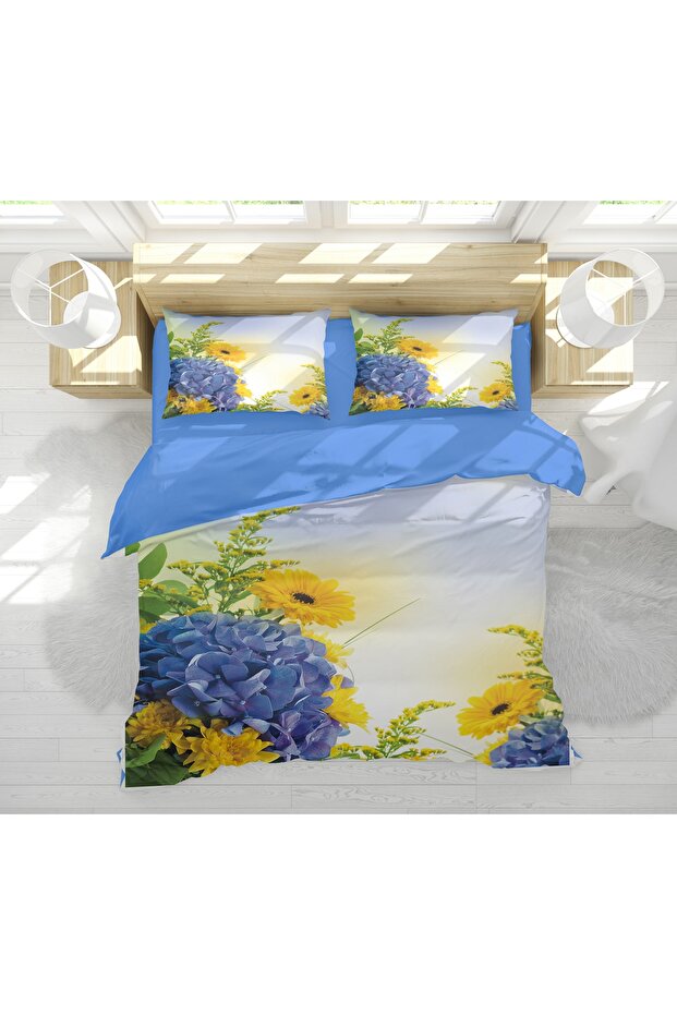 Yellow and Blue Bouquet Flowers 3D Digital Printed Double Duvet Cover Set