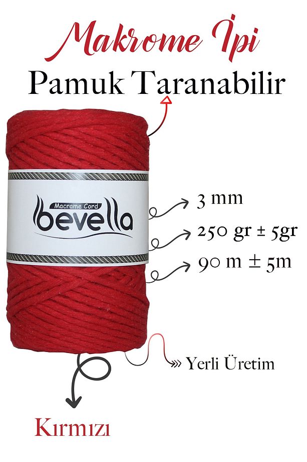 Taranan Makrome Ipi 3mm Taranabilir Pamuk Tek Büküm Makrome Ipi Kırmızı - 2