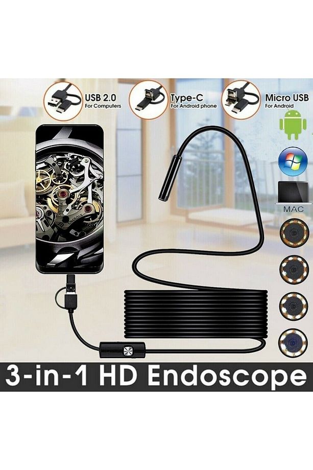 3'ü 1 Arada Endeskop Kamera Mikrofon Usb Ve Tip-c 6 Led Su Geçirmez 10 Metre Borescope Yılan Kamera - 6