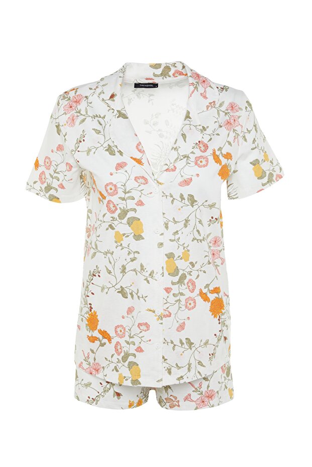 Çok Renkli %100 Pamuklu Çiçek Desenli Şortlu Örme Pijama Takımı THMSS23PT00020 - 6