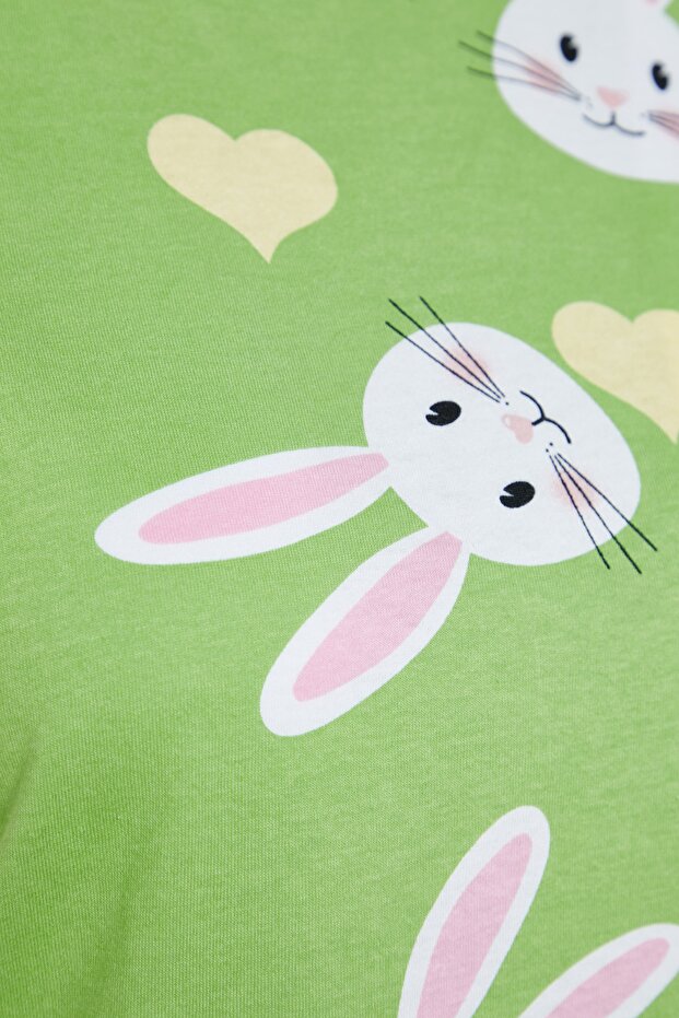 Yeşil %100 Pamuklu Kalpli Tavşan Desenli Şortlu Örme Pijama Takımı THMSS23PT00005 - 8
