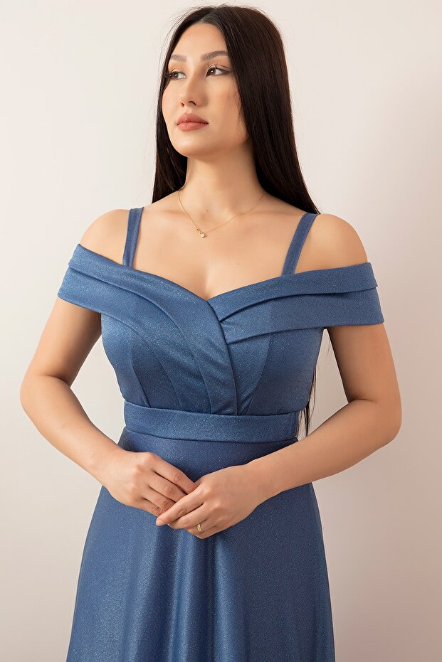 Askılı Simli Tül Uzun Abiye Elbise 13278 - 3