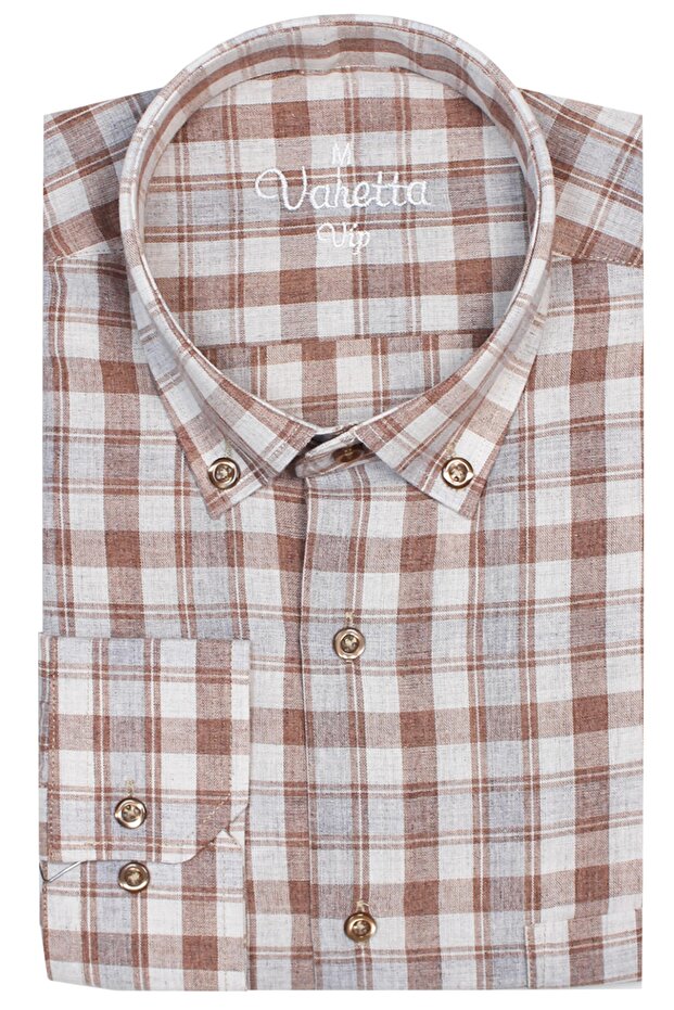 Men's Brown 100% Cotton Long Sleeve Collar Buttoned Single Pocket Checkered Classic Cut Shirt