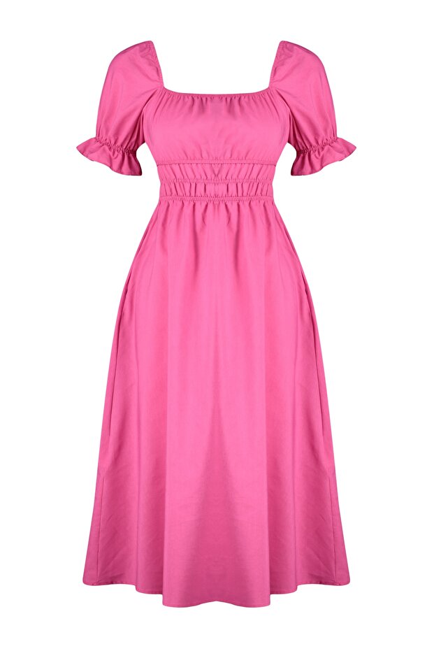 Fuşya Skater/Belden Açılan Balon Kollu Astarlı Midi Dokuma Elbise TWOSS22EL1768 - 7