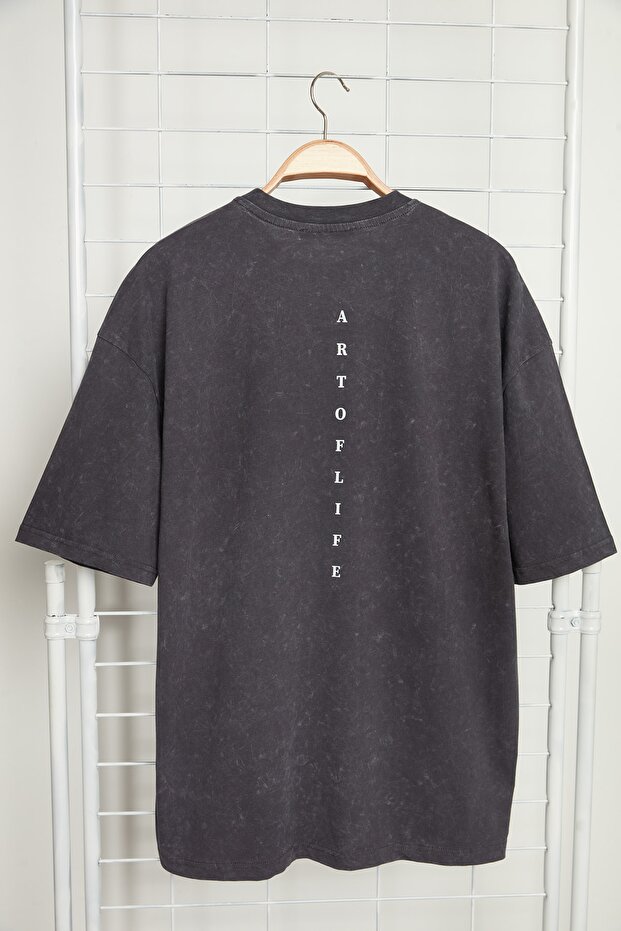 Antrasit Oversize/Geniş Kesim Soluk Efektli Yazı Baskılı %100 Pamuklu T-Shirt TMNSS23TS00166 - 6