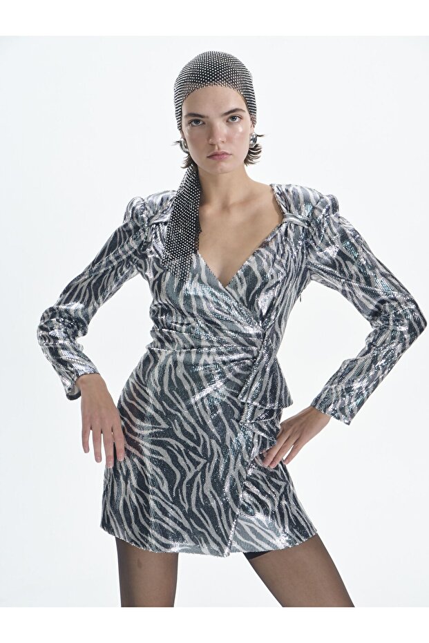 Zebra Desenli Payet Elbise - 2