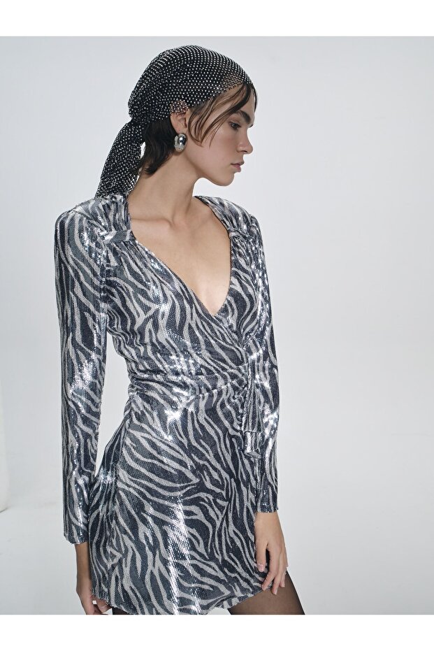 Zebra Desenli Payet Elbise - 3