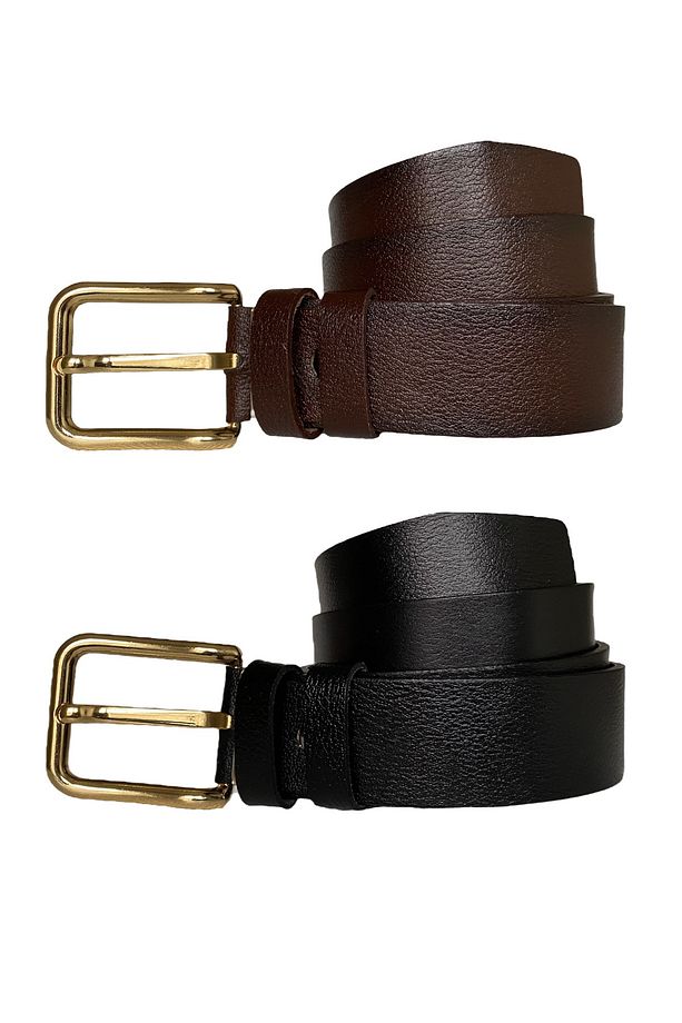 %100 Hakiki Deri 2'li Set 4 Cm Tek Parça Kadın Kot Kemeri Siyah, Koyu Kahverengi=dikdörtgengolddüz - 3