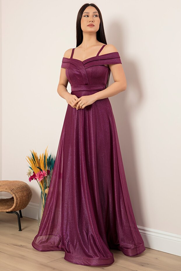 Askılı Simli Tül Uzun Abiye Elbise 13278 - 6