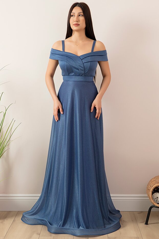 Askılı Simli Tül Uzun Abiye Elbise 13278 - 4