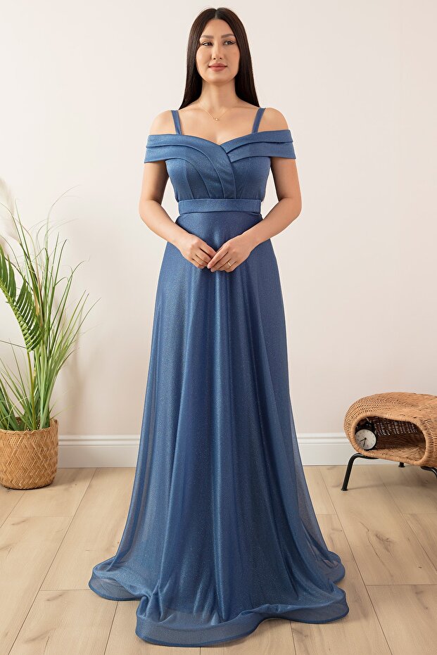 Askılı Simli Tül Uzun Abiye Elbise 13278 - 5