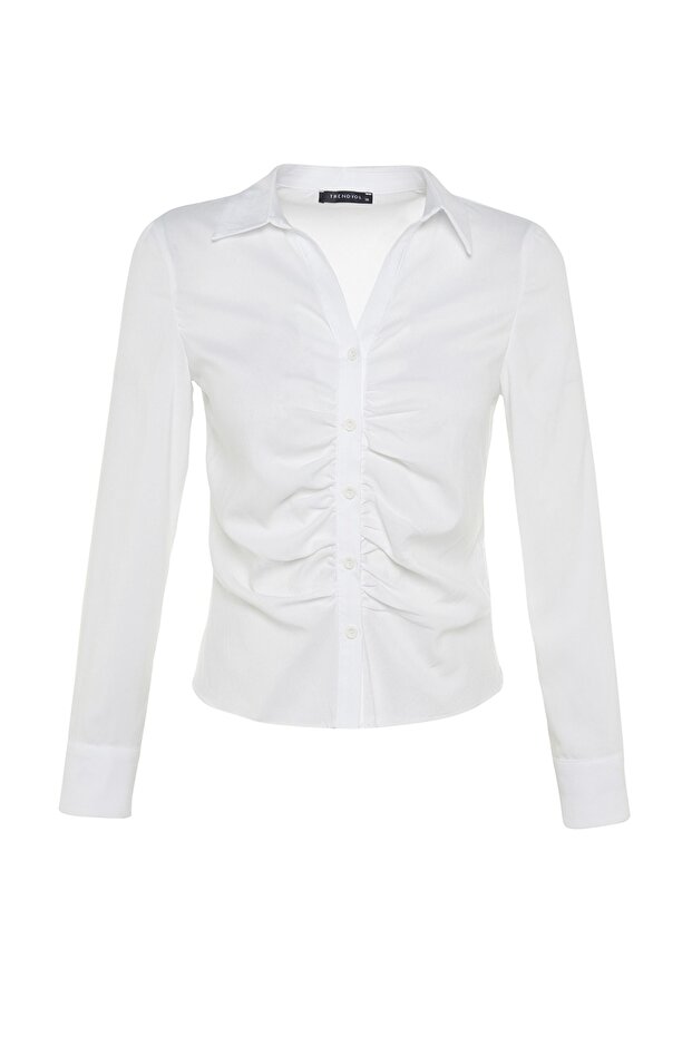 Ekru Büzgülü Fitted/Dar Kesim Dokuma Gömlek TWOSS23GO00177 - 8