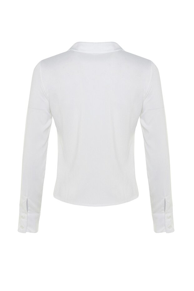 Ekru Büzgülü Fitted/Dar Kesim Dokuma Gömlek TWOSS23GO00177 - 9