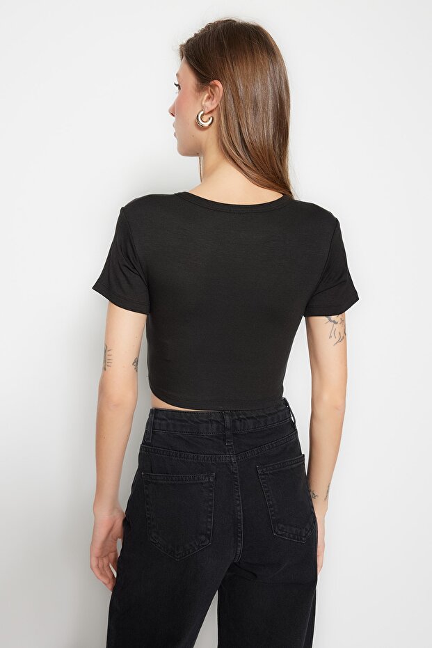 Siyah-Ekru 2'li Paket Crop Viskoz/Yumuşak Kumaş Esnek Örme Bluz TWOSS23BZ00108 - 3