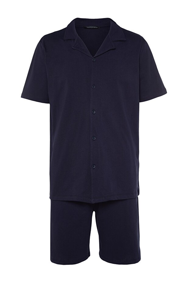 Navy Blue Unisex Regular Fit Apache Collar Shorts Pajamas Set TMNSS23PT00007 - 7
