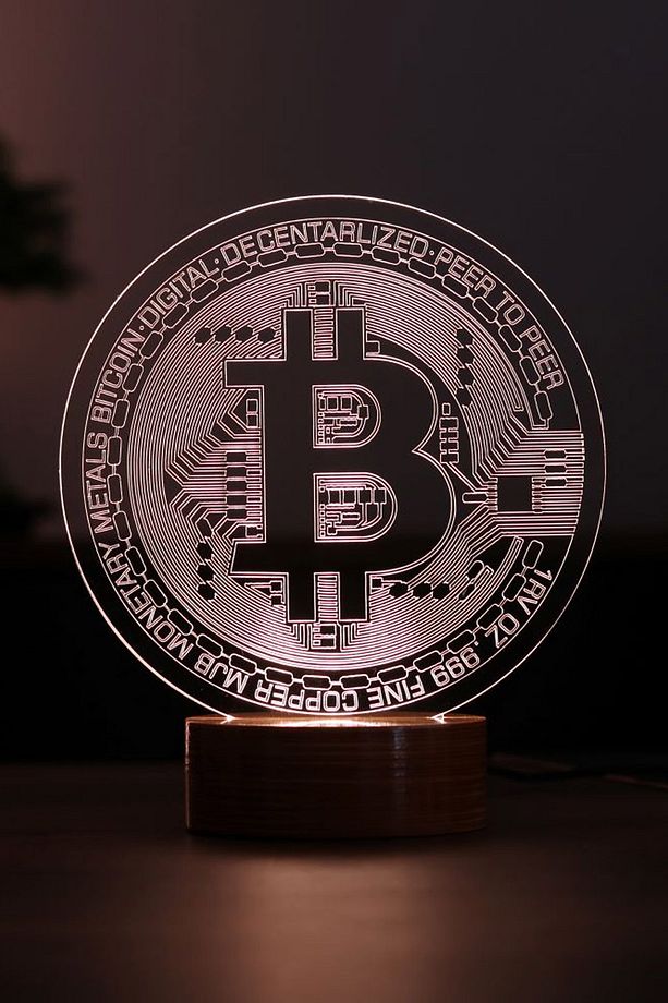 Bitcoin Led Masa Lambası Ahşap Taban 7 Farklı Işık Renkli Gece Lambası Kripto Dekoratif Aydınlatma - 1