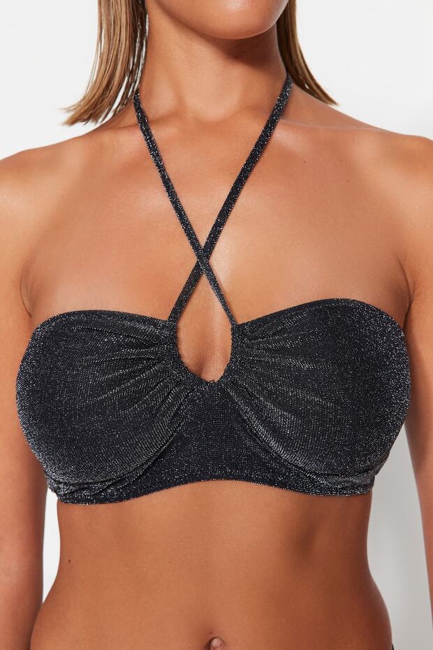 Siyah Straplez Simli Bikini Üstü TBESS23BU00302 - 4