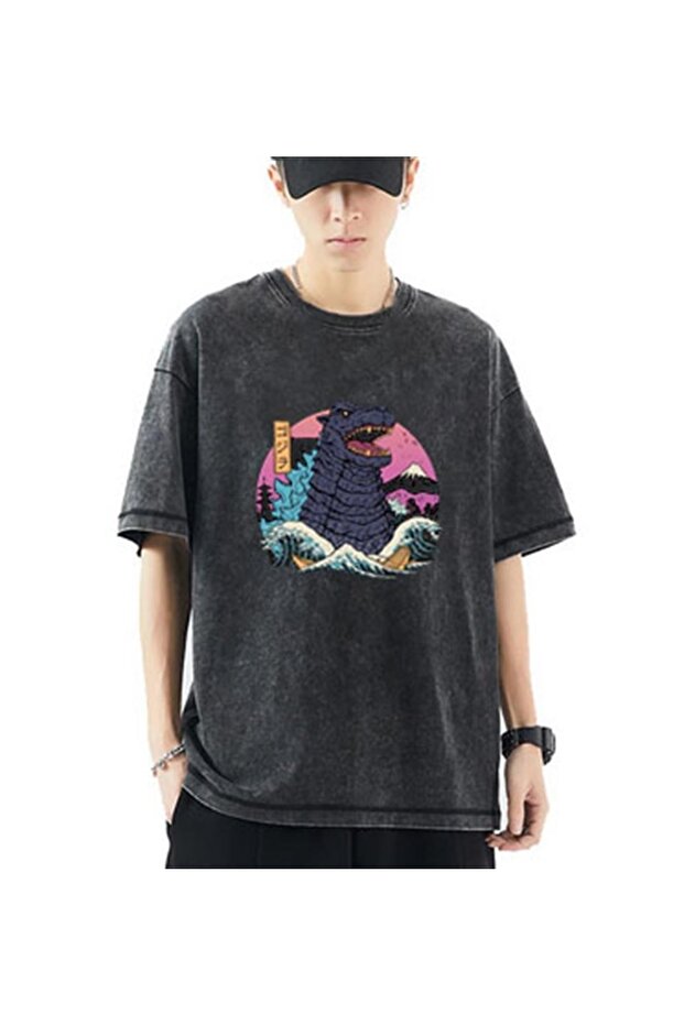 Hokusai Godzilla Antique Patterned Daily Washable T-shirt
