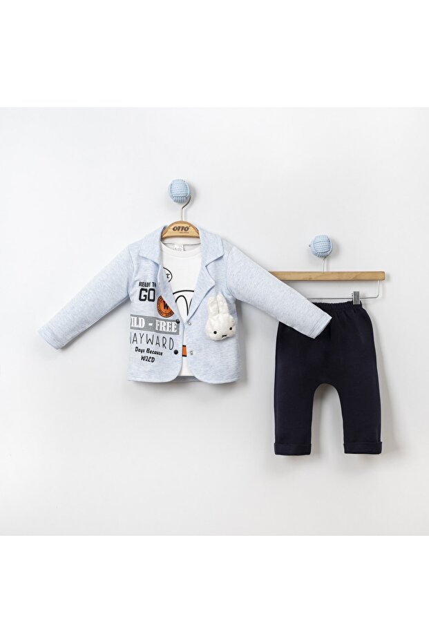 100% Cotton Baby Go Jacket Rabbit Detailed 3-Piece Set