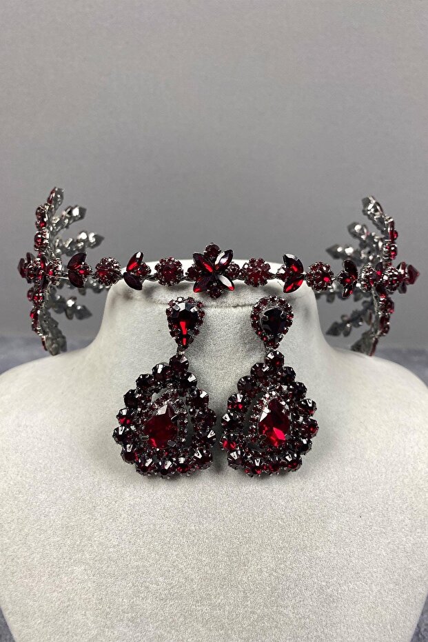 Burgundy Double Sided Selen Model Henna Bridal Crown and Drop Stone Earring Set – Crown, Crystal Stone – Crown
