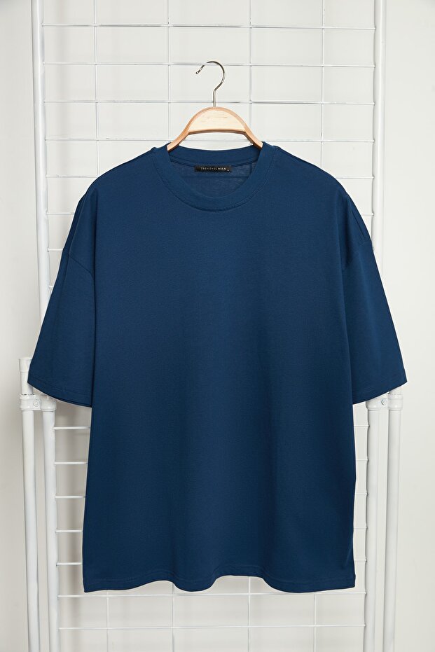 Lacivert Oversize/Geniş Kesim %100 Pamuklu Sırt Baskılı Kısa Kollu T-Shirt TMNSS23TS00168 - 9