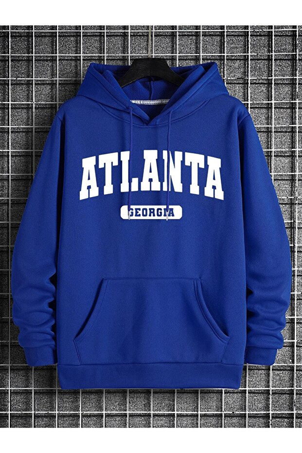 Unisex Oversize Atlanta Georgia Printed Cobalt Blue Hooded Sweatshirt