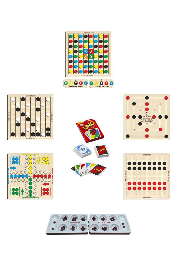 Ahşap Zeka Oyun Seti 7li Mangala + 9 Taş + Dama + Atla Topla + Kızma Birader + Reversi + Uno Kartlar - 1