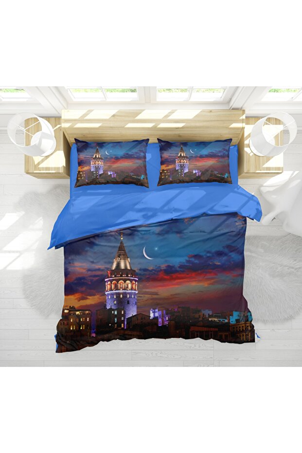 Galata Tower Themed 3D Digital Printed Double Duvet Cover Set