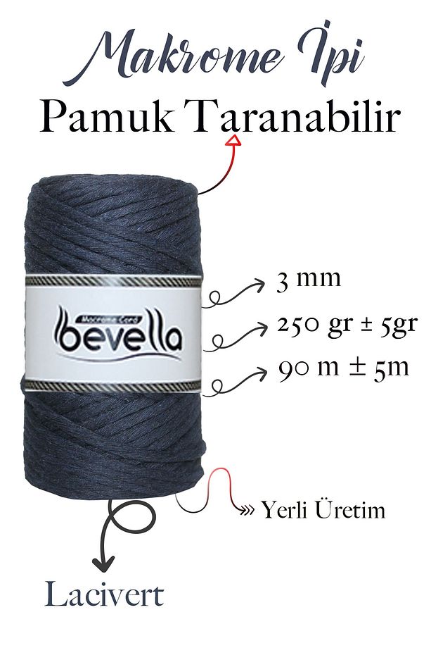 Taranan Makrome Ipi 3mm Taranabilir Pamuk Tek Büküm Makrome Ipi Lacivert - 2