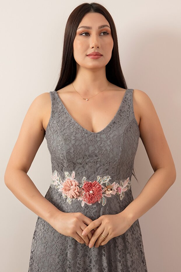 Varna 13102 Beli Çiçekli Dantel Elbise - 3