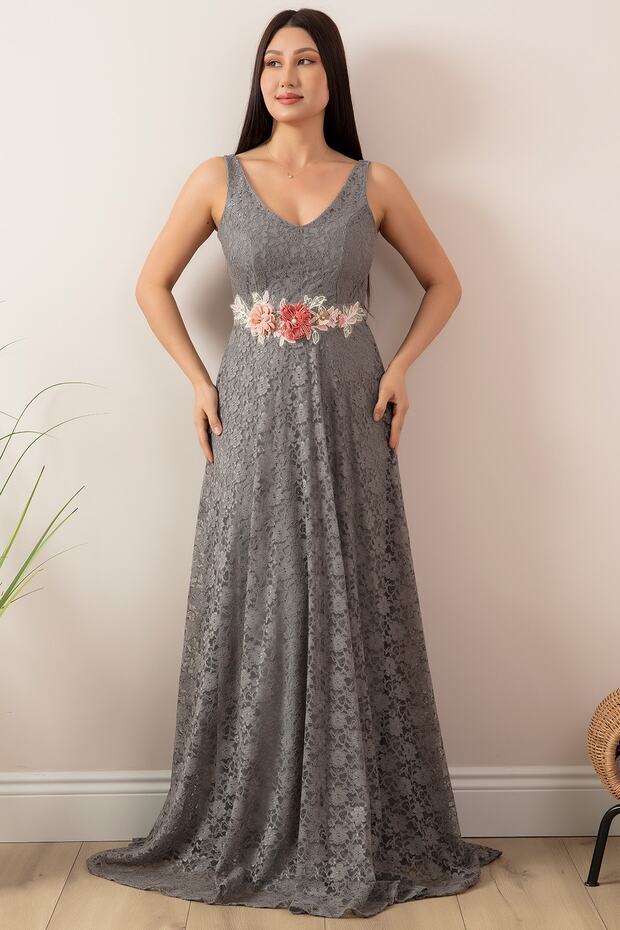 Varna 13102 Beli Çiçekli Dantel Elbise - 5