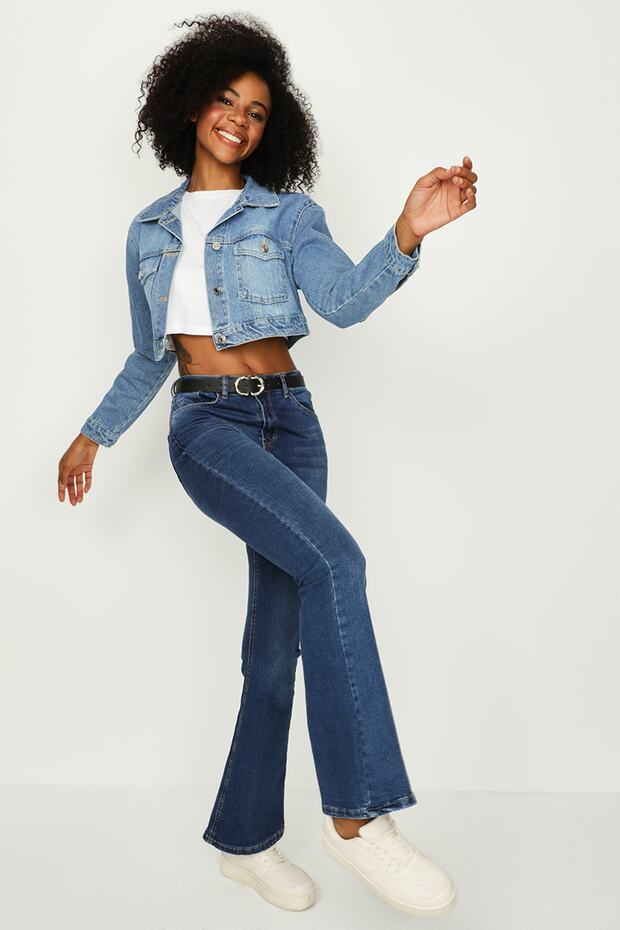 Kadın Mavi Düğmeli Crop Denim Ceket - 4