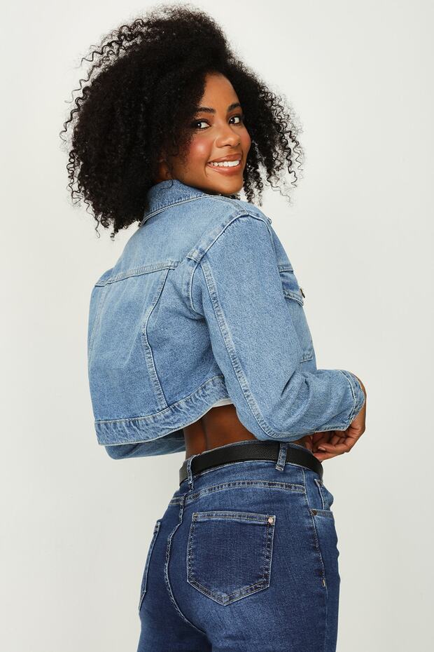 Kadın Mavi Düğmeli Crop Denim Ceket - 7