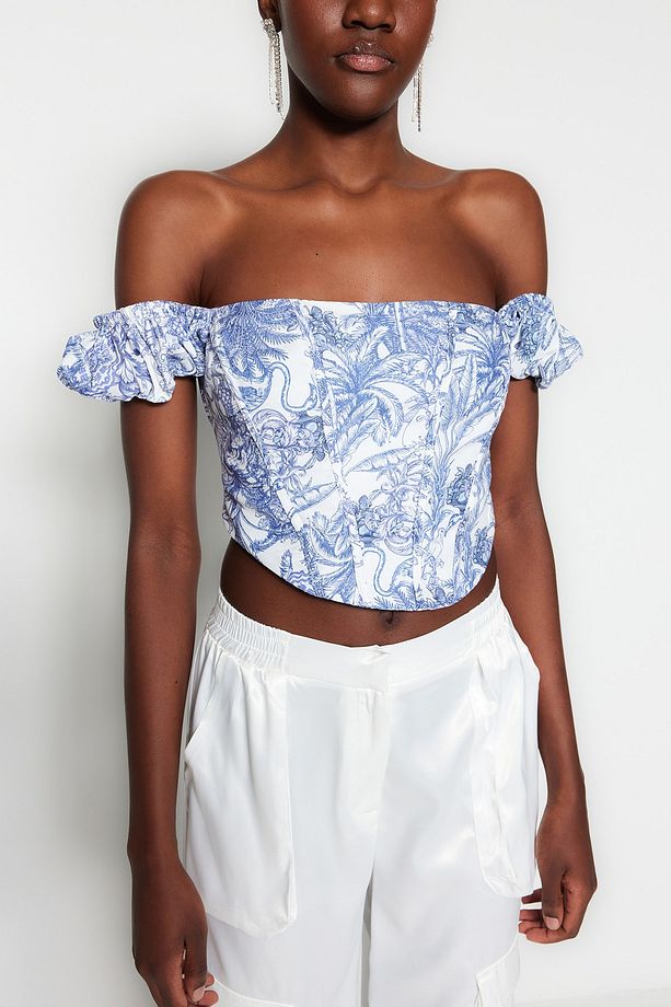 Çok Renkli Crop Astarlı Korse Detaylı Çiçek Desenli Dokuma Poplin Büstiyer TPRSS23BS00063 - 4