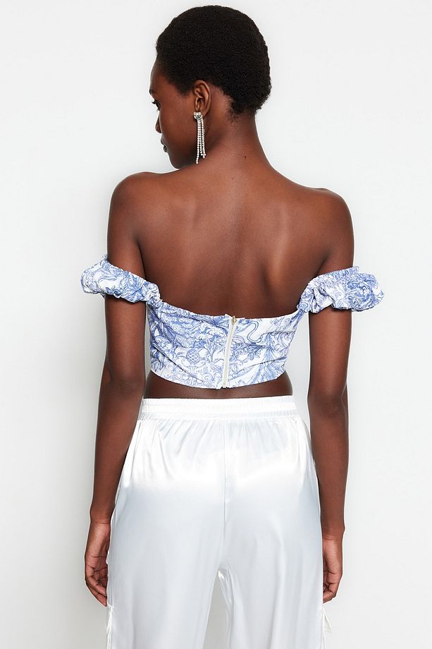 Çok Renkli Crop Astarlı Korse Detaylı Çiçek Desenli Dokuma Poplin Büstiyer TPRSS23BS00063 - 7