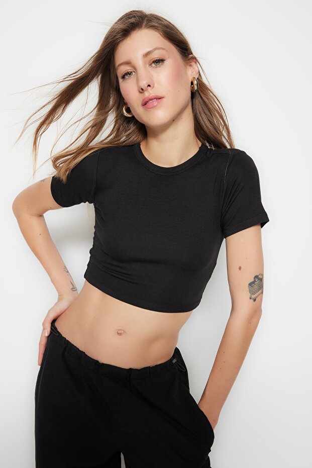 Siyah-Ekru Siyah Çizgili 2'li Paket Viskoz/Yumuşak Kumaş Crop Esnek Örme Bluz TWOSS23BZ00194 - 4