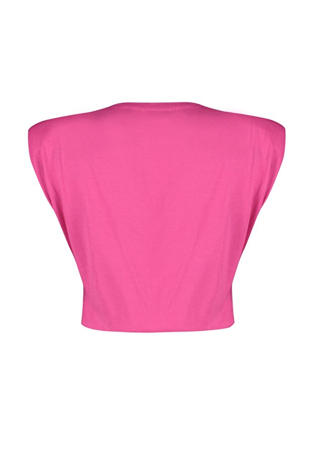 Fuşya %100 Pamuk Vatkalı Crop Bisiklet Yaka Örme T-Shirt TWOSS21TS0379 - 8