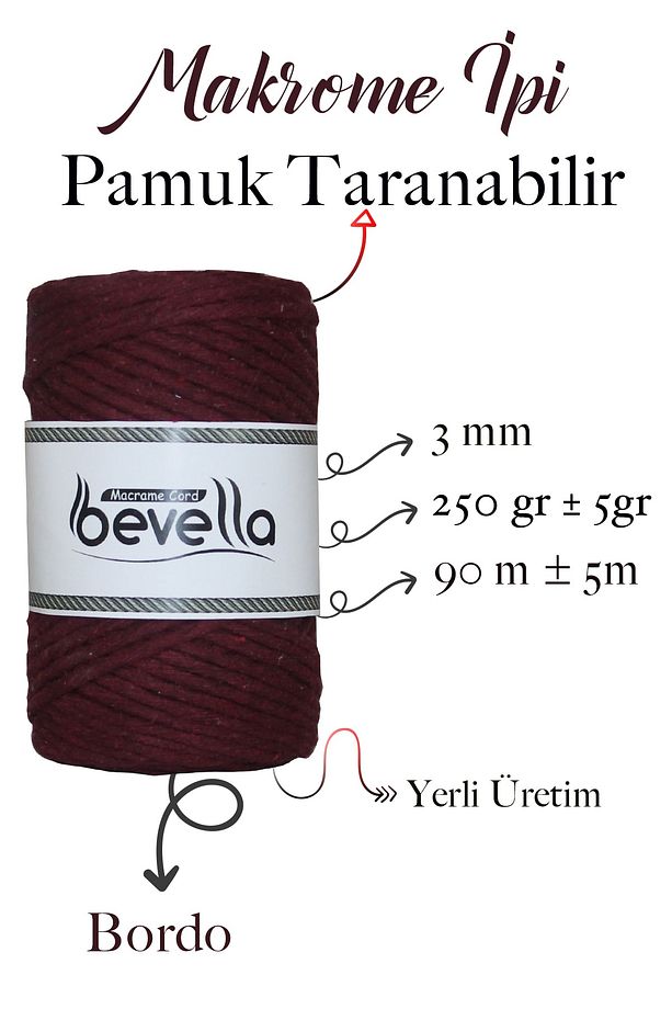 Taranan Makrome Ipi 3mm Taranabilir Pamuk Tek Büküm Makrome Ipi Bordo - 2